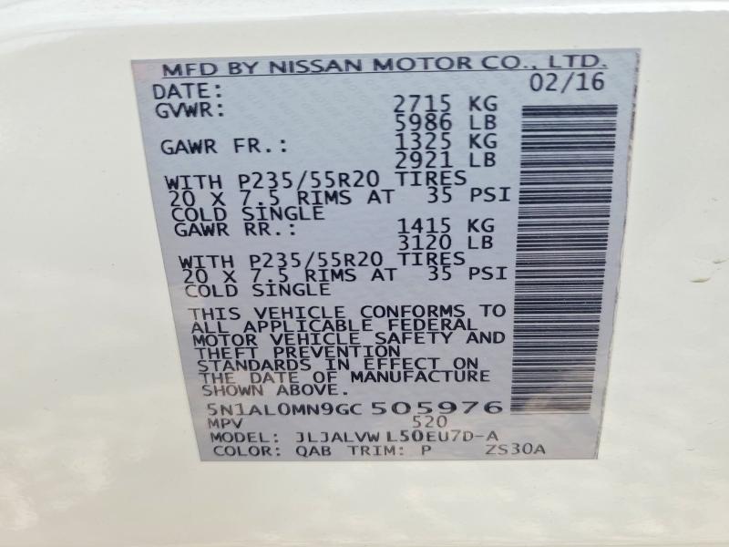 2016 Infiniti Qx60 მანქანა იყიდება აუქციონზე, vin: 5N1AL0MN9GC505976, აუქციონის ნომერი: 78320255