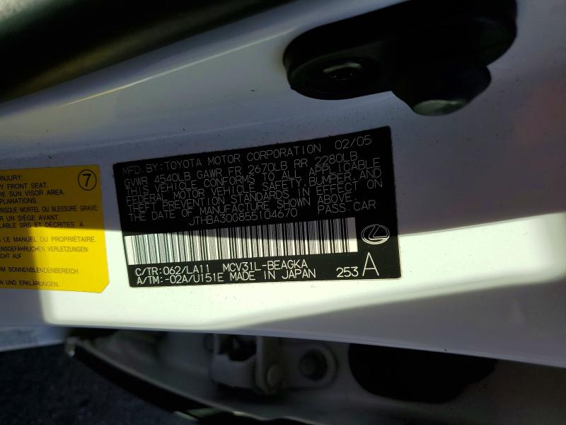 78668235 :رقم المزاد ، JTHBA30G855104670 vin ، 2005 Lexus Es مزاد بيع