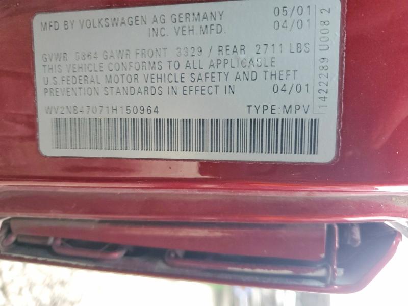 Aukcja sprzedaży 2001 Volkswagen Eurovan, vin: WV2NB47071H150964, numer aukcji: 76866455