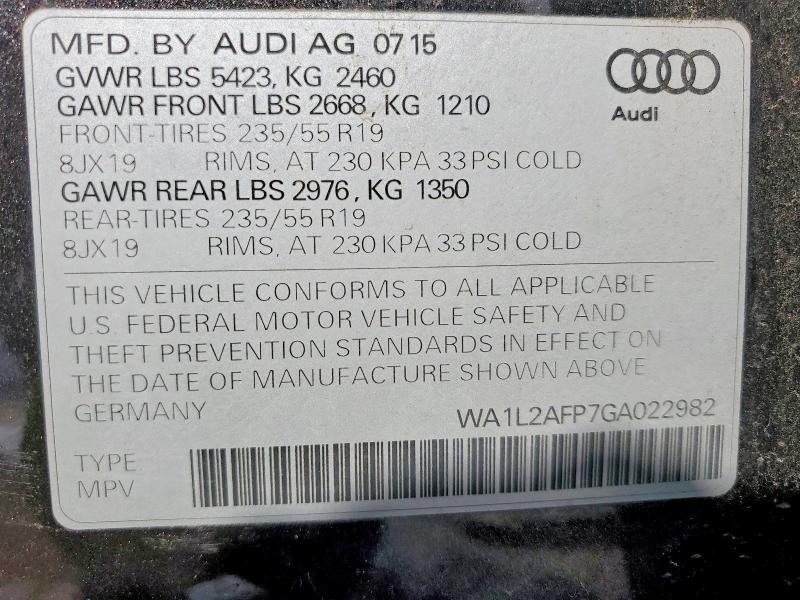 2016 Audi Q5 მანქანა იყიდება აუქციონზე, vin: WA1L2AFP7GA022982, აუქციონის ნომერი: 76765465