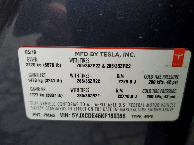 Auction sale of the 2019 Tesla Model X, vin: 5YJXCDE46KF180386, lot number: 78094385