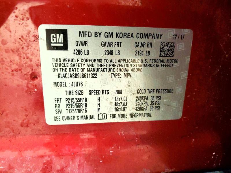 74898725 :رقم المزاد ، KL4CJASB9JB611322 vin ، 2018 Buick Encore مزاد بيع