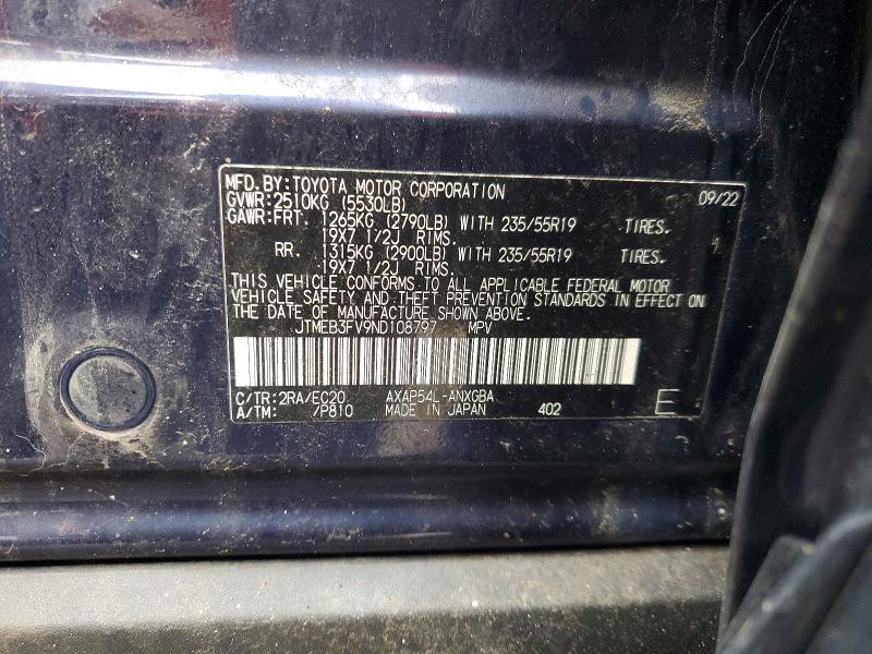 2022 Toyota Rav4 Prime მანქანა იყიდება აუქციონზე, vin: JTMEB3FV9ND108797, აუქციონის ნომერი: 77787925