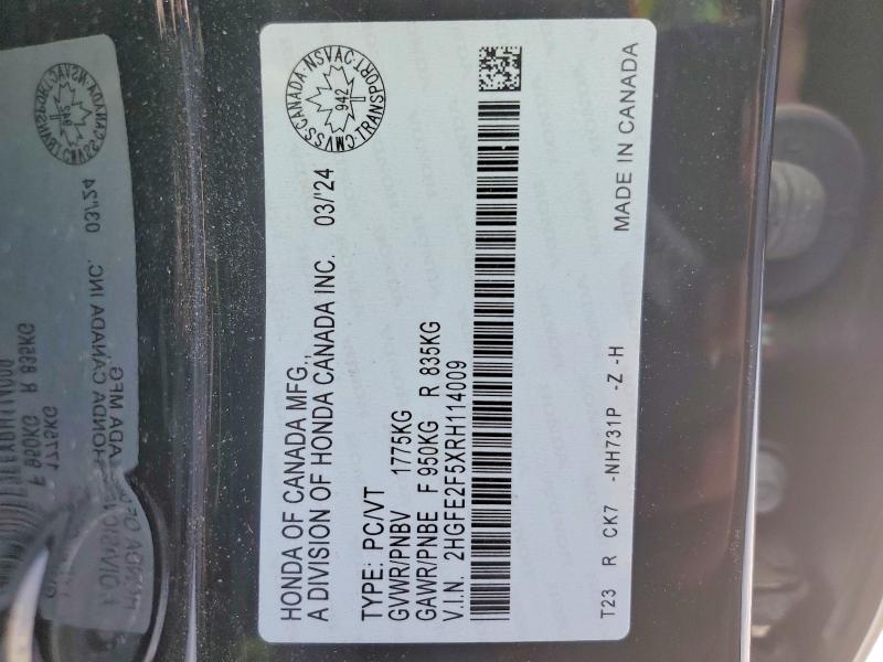 Aukcja sprzedaży 2024 Honda Civic, vin: 2HGFE2F5XRH114009, numer aukcji: 77600445