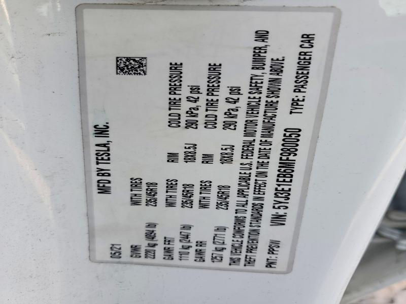 Продаж на аукціоні авто 2021 Tesla Model 3, vin: 5YJ3E1EB6MF980050, номер лоту: 76629535