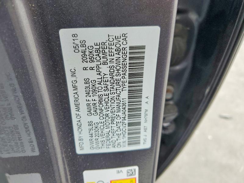 Aukcja sprzedaży 2018 Honda Accord, vin: 1HGCV2F94JA043611, numer aukcji: 79007525