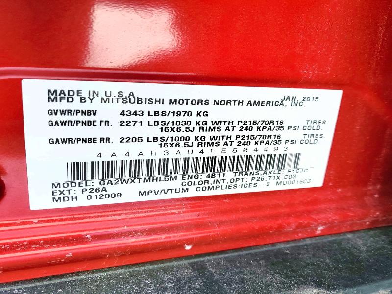 78474775 :رقم المزاد ، 4A4AH3AU4FE604493 vin ، 2015 Mitsubishi Rvr مزاد بيع