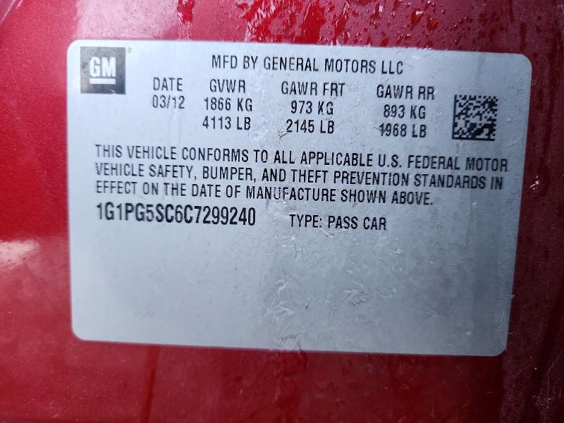 Auction sale of the 2012 Chevrolet Cruze Lt, vin: 1G1PG5SC6C7299240, lot number: 75814665