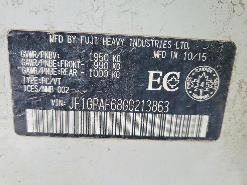 74364155 :رقم المزاد ، JF1GPAF68GG213863 vin ، 2016 Subaru Impreza مزاد بيع