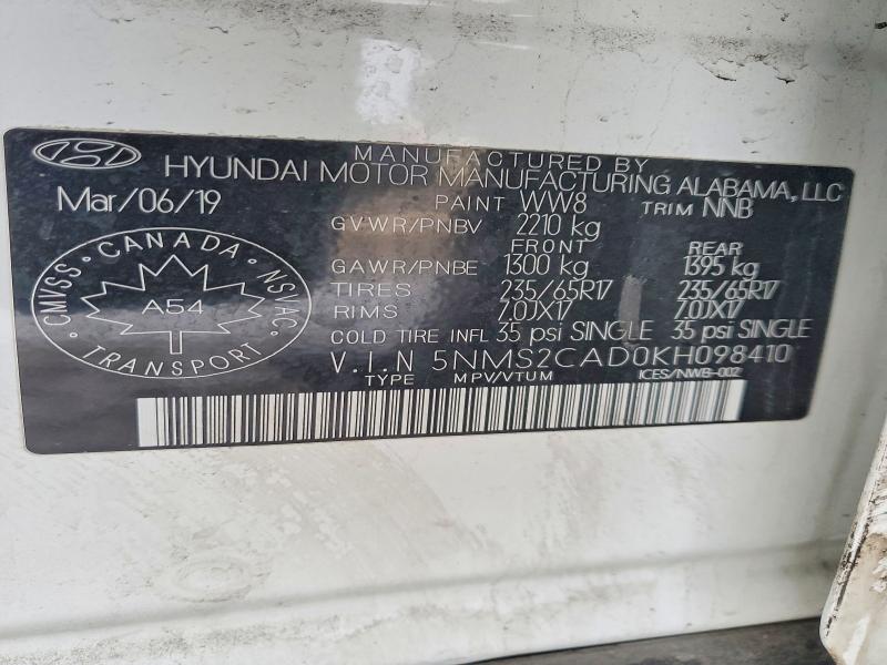 2019 Hyundai Santa Fe მანქანა იყიდება აუქციონზე, vin: 5NMS2CAD0KH098410, აუქციონის ნომერი: 72828865