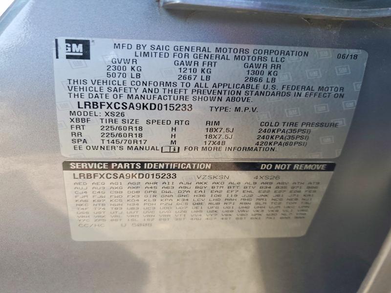 76250465 :رقم المزاد ، LRBFXCSA9KD015233 vin ، 2019 Buick Envision مزاد بيع