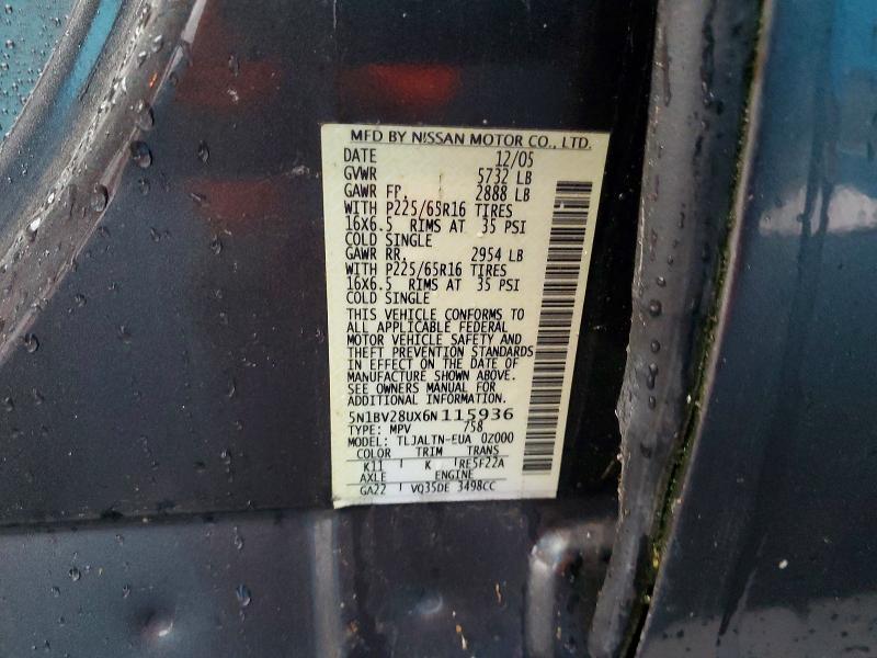 76930865 :رقم المزاد ، 5N1BV28UX6N115936 vin ، 2006 Nissan Quest مزاد بيع