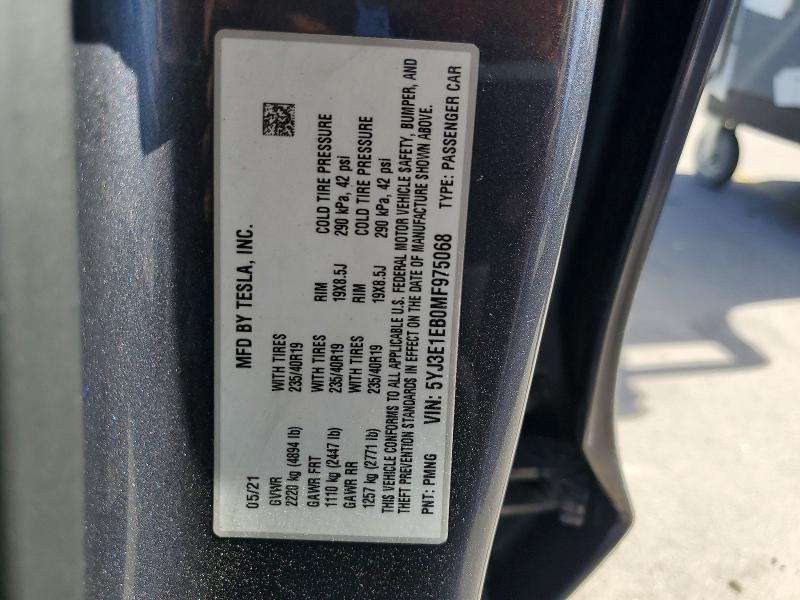 2021 Tesla Model 3 მანქანა იყიდება აუქციონზე, vin: 5YJ3E1EB0MF975068, აუქციონის ნომერი: 79289755