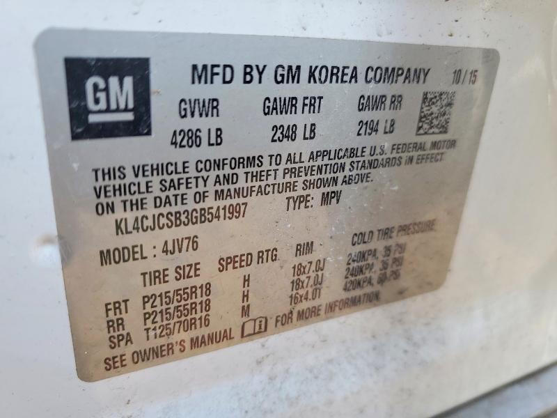 Aukcja sprzedaży 2016 Buick Encore, vin: KL4CJCSB3GB541997, numer aukcji: 75996525