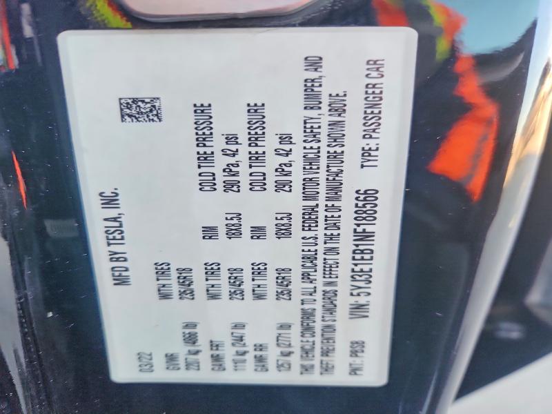 2022 Tesla Model 3 მანქანა იყიდება აუქციონზე, vin: 5YJ3E1EB1NF188566, აუქციონის ნომერი: 78128355