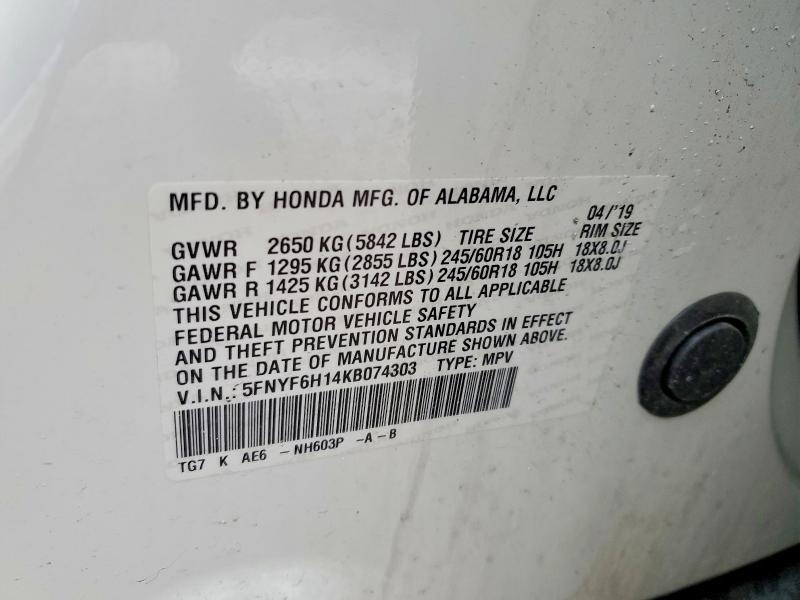 76015095 :رقم المزاد ، 5FNYF6H14KB074303 vin ، 2019 Honda Pilot مزاد بيع