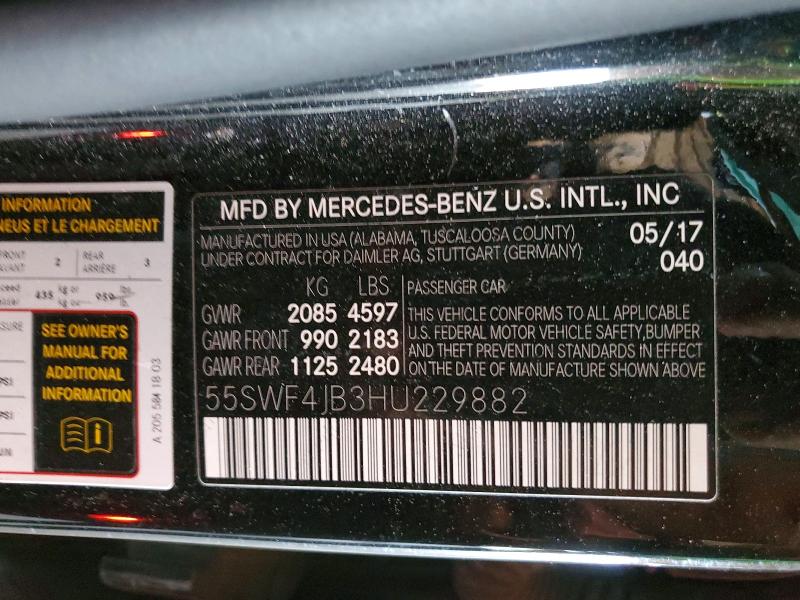 79103735 :رقم المزاد ، 55SWF4JB3HU229882 vin ، 2017 Mercedes-benz C مزاد بيع