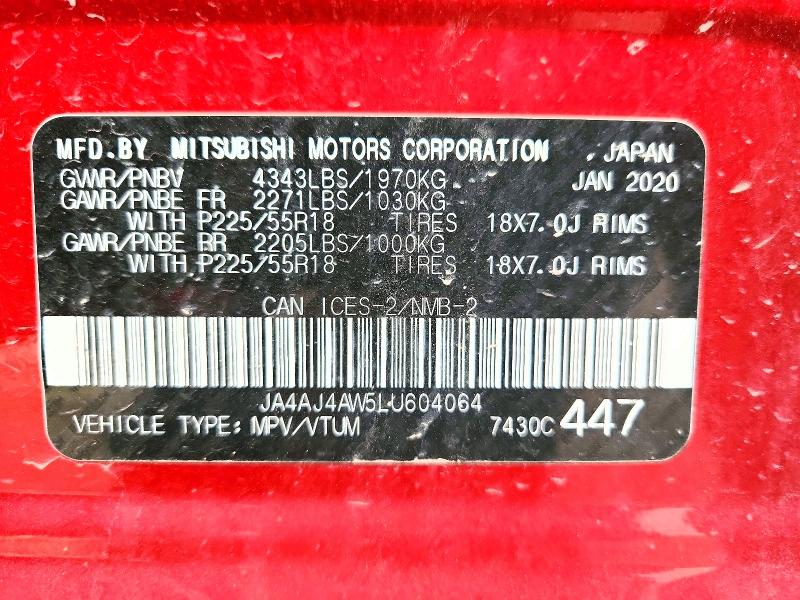76195575 :رقم المزاد ، JA4AJ4AW5LU604064 vin ، 2020 Mitsubishi Rvr مزاد بيع