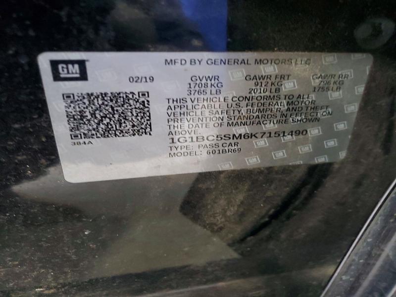 72239365 :رقم المزاد ، 1G1BC5SM6K7151490 vin ، 2019 Chevrolet Cruze Ls مزاد بيع