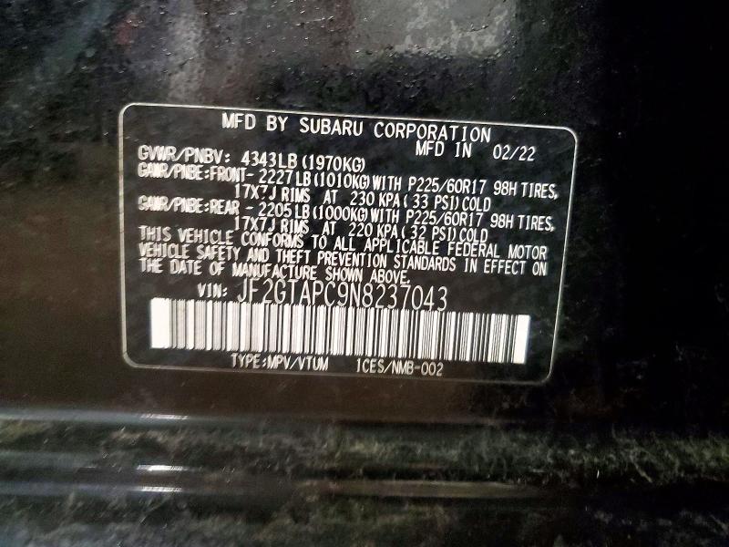 79070085 :رقم المزاد ، JF2GTAPC9N8237043 vin ، 2022 Subaru Crosstrek مزاد بيع