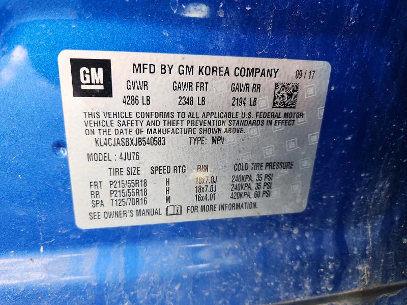 2018 Buick Encore მანქანა იყიდება აუქციონზე, vin: KL4CJASBXJB540583, აუქციონის ნომერი: 77804205