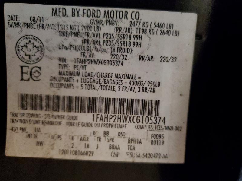 78478415 :رقم المزاد ، 1FAHP2HWXCG105374 vin ، 2012 Ford Taurus مزاد بيع