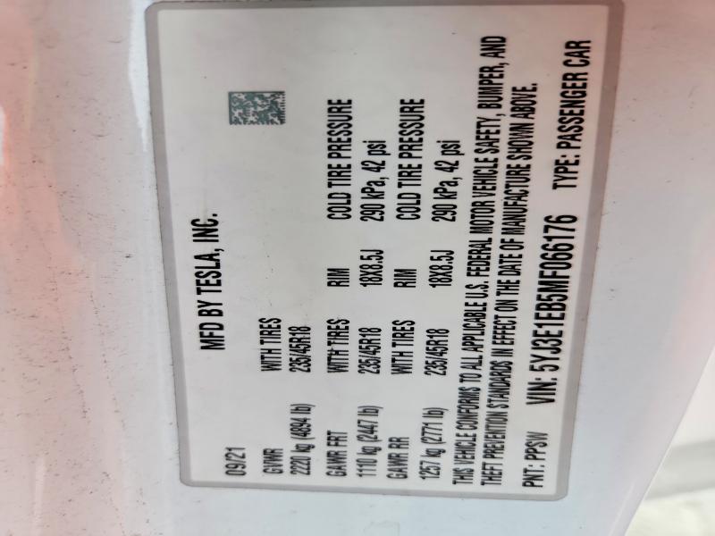 78058815 :رقم المزاد ، 5YJ3E1EB5MF066176 vin ، 2021 Tesla Model 3 مزاد بيع