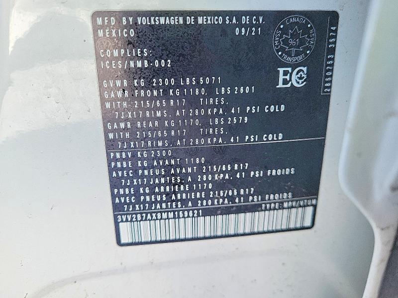 Aukcja sprzedaży 2021 Volkswagen Tiguan, vin: 3VV2B7AX8MM159621, numer aukcji: 75037595