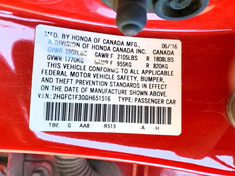 Auction sale of the 2016 Honda Civic, vin: 2HGFC1F30GH651516, lot number: 76626265