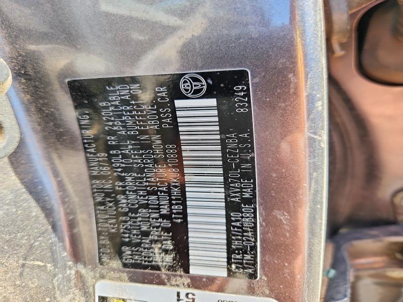 2019 Toyota Camry მანქანა იყიდება აუქციონზე, vin: 4T1B11HKXKU810888, აუქციონის ნომერი: 78665405