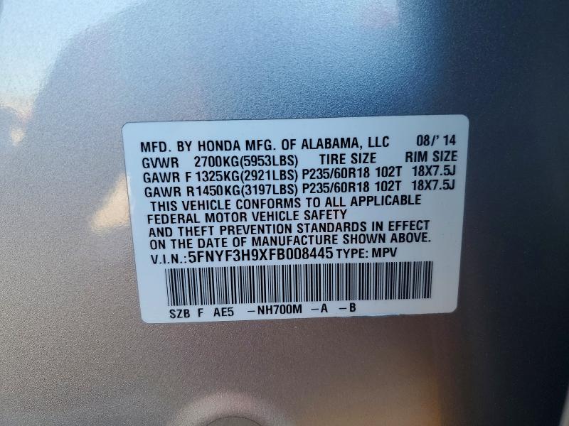 Aukcja sprzedaży 2015 Honda Pilot, vin: 5FNYF3H9XFB008445, numer aukcji: 76382495