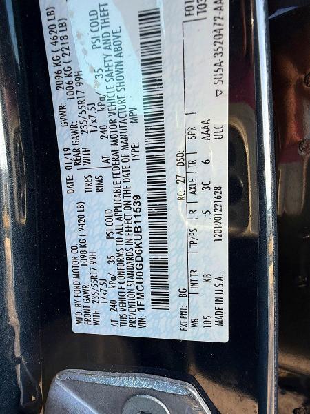 78374605 :رقم المزاد ، 1FMCU0GD6KUB11539 vin ، 2019 Ford Escape مزاد بيع