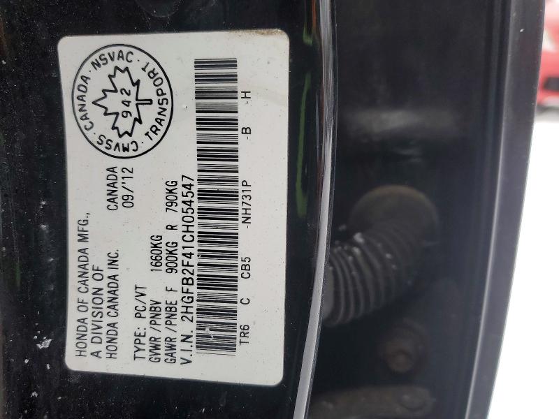 76326265 :رقم المزاد ، 2HGFB2F41CH054547 vin ، 2012 Honda Civic مزاد بيع