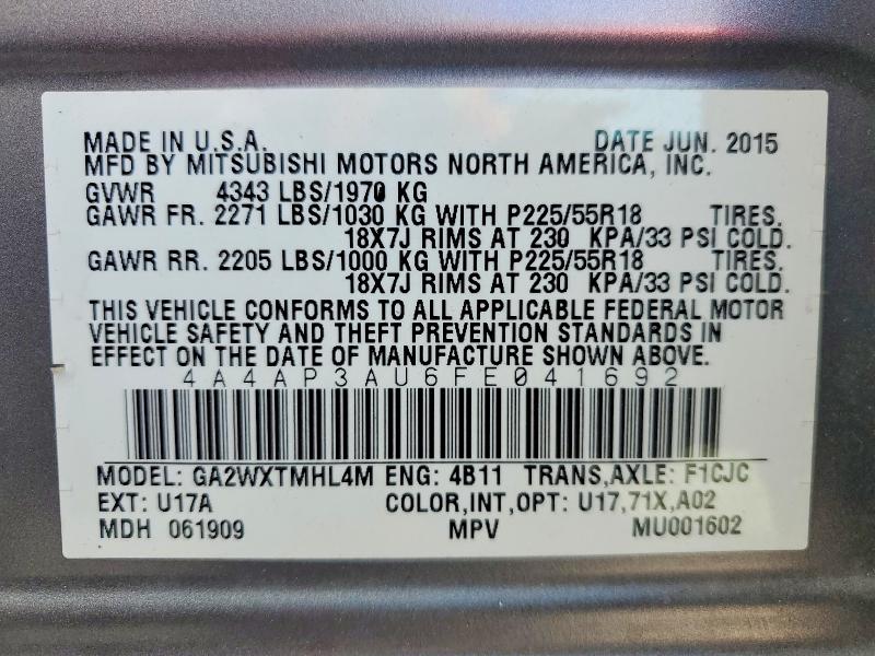 Продаж на аукціоні авто 2015 Mitsubishi Outlander Sport, vin: 4A4AP3AU6FE041692, номер лоту: 76549025