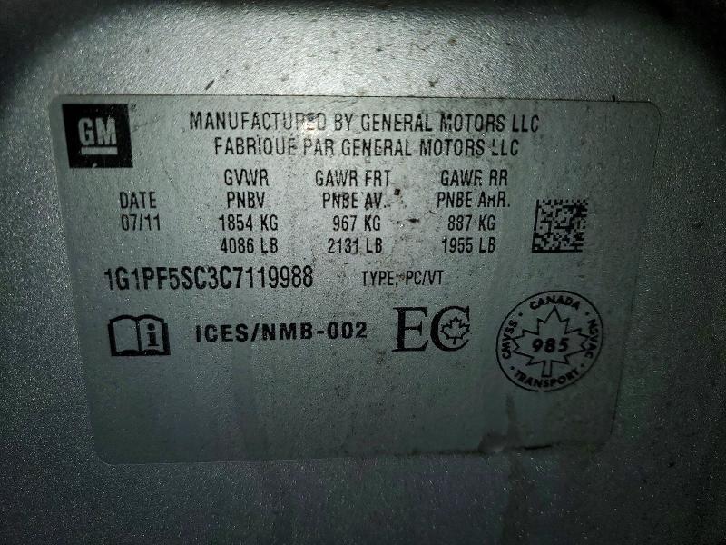 77129885 :رقم المزاد ، 1G1PF5SC3C7119988 vin ، 2012 Chevrolet Cruze مزاد بيع