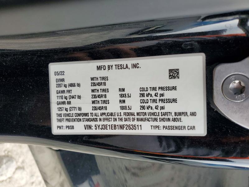 Aukcja sprzedaży 2022 Tesla 3, vin: 5YJ3E1EB1NF263511, numer aukcji: 77795455