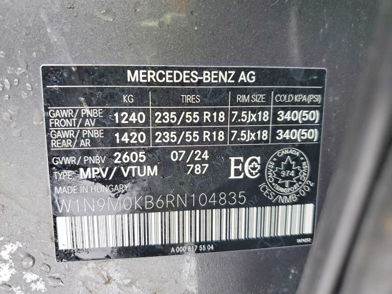 74334465 :رقم المزاد ، W1N9M0KB6RN104835 vin ، 2024 Mercedes-benz Eqb مزاد بيع