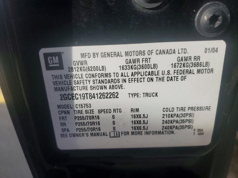 2004 Chevrolet Silverado მანქანა იყიდება აუქციონზე, vin: 2GCEC19T841262262, აუქციონის ნომერი: 76968015