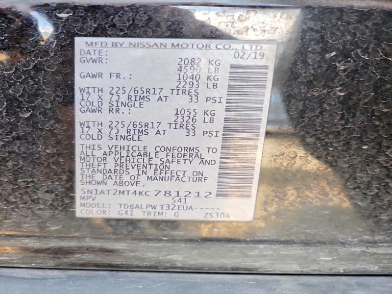 Aukcja sprzedaży 2019 Nissan Rogue, vin: 5N1AT2MT4KC781212, numer aukcji: 77742235