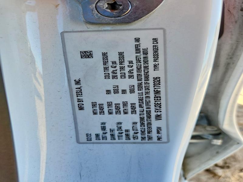Auction sale of the 2022 Tesla Model 3, vin: 5YJ3E1EB1NF170326, lot number: 75459415