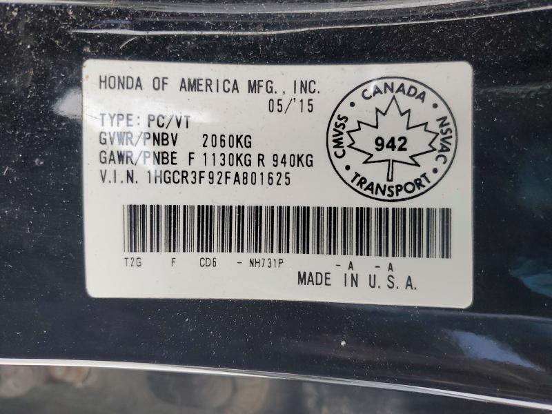76800165 :رقم المزاد ، 1HGCR3F92FA801625 vin ، 2015 Honda Accord مزاد بيع