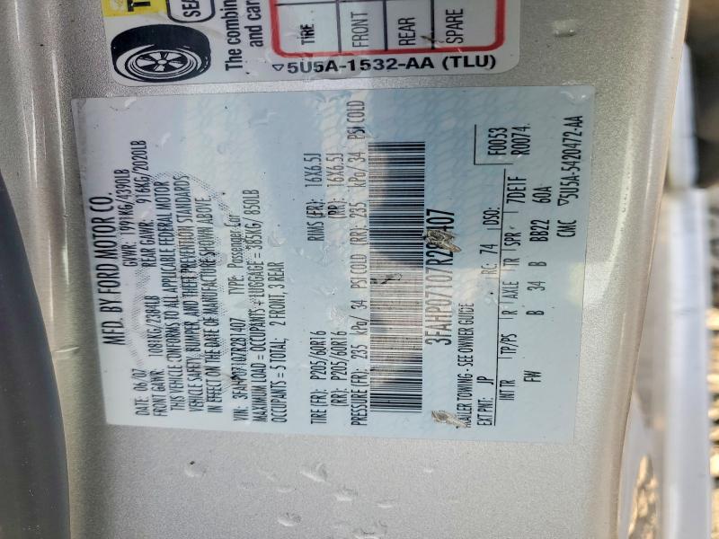 2007 Ford Fusion მანქანა იყიდება აუქციონზე, vin: 3FAHP07107R281407, აუქციონის ნომერი: 77032865