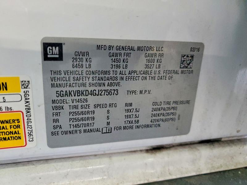 75592575 :رقم المزاد ، 5GAKVBKD4GJ275673 vin ، 2016 Buick Enclave مزاد بيع