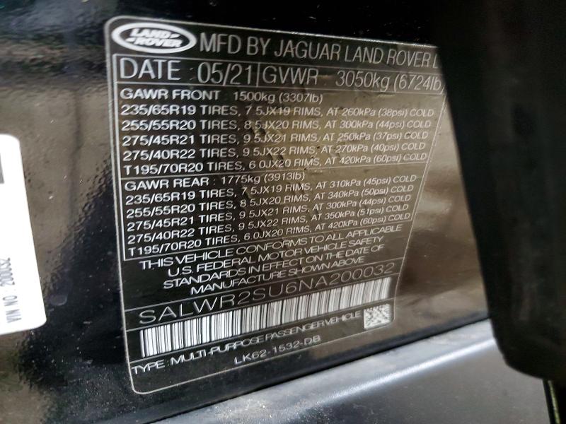 Aukcja sprzedaży 2022 Land Rover Range Rove, vin: SALWR2SU6NA200032, numer aukcji: 76775375