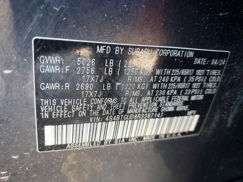 2024 Subaru Outback მანქანა იყიდება აუქციონზე, vin: 4S4BTGUD8R3287147, აუქციონის ნომერი: 76225795