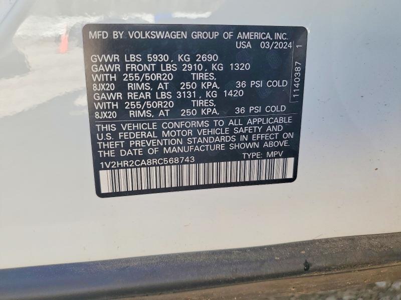 Aukcja sprzedaży 2024 Volkswagen Atlas, vin: 1V2HR2CA8RC568743, numer aukcji: 77492585