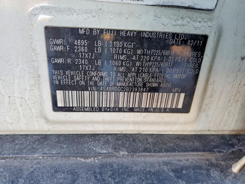2011 Subaru Outback მანქანა იყიდება აუქციონზე, vin: 4S4BRDGC2B2393847, აუქციონის ნომერი: 75466095