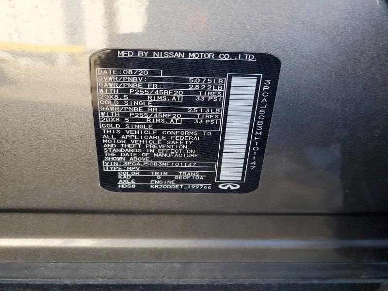 Aukcja sprzedaży 2021 Infiniti Qx50, vin: 3PCAJ5CB3MF101147, numer aukcji: 75256125