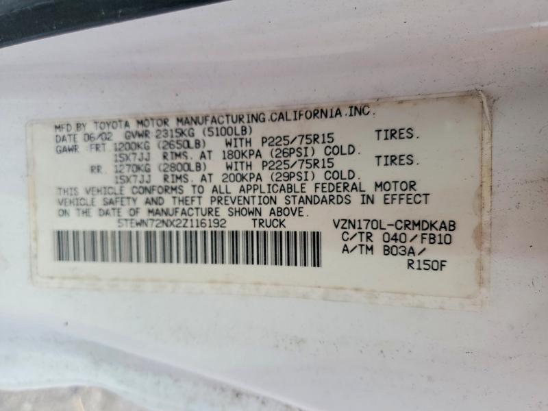 Aukcja sprzedaży 2002 Toyota Tacoma, vin: 5TEWN72NX2Z116192, numer aukcji: 78816865