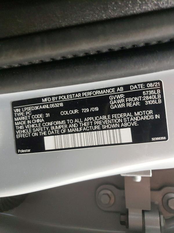 Продаж на аукціоні авто 2022 Polestar 2, vin: LPSED3KA4NL053218, номер лоту: 78729475